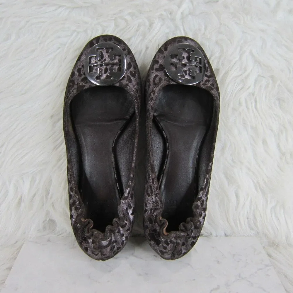 Tory Burch Reva Flats Iridescent Leopard Print Brown Silver Size US 9